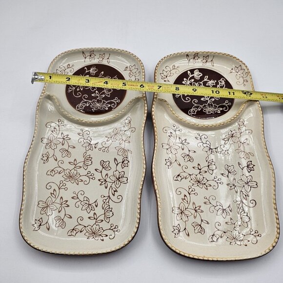 Tara Temptations Snack Serving Trays Chip & Dip in Floral Lace Brown Lot of 2 - Picture 6 of 7